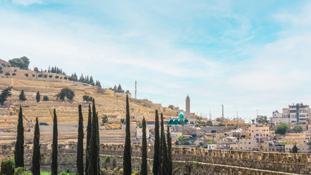 A stunning panoramic view of Jerusalems Old City from the Mount of Olives. The Temple Mount, Dome of...