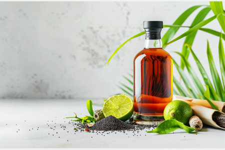 Aged rum bottle with sugarcane stalks, lime wedges, and spices on white backgroundの素材