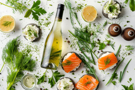 Olive oil bottle with smoked salmon canapes and cream cheese on white background, flat layの素材