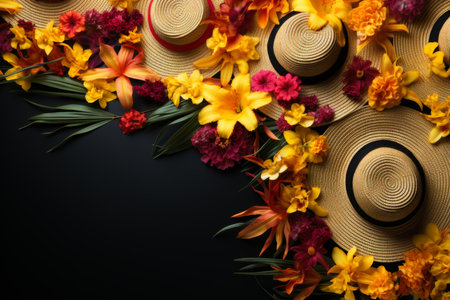 Festa Junina mockup with straw hats and flowers on black background, flat lay designの素材