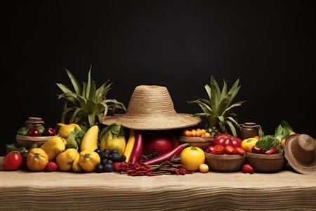 Colorful Festa Junina mockup with fruits, straw hats, palm leaves and flowers on black backgroundの素材