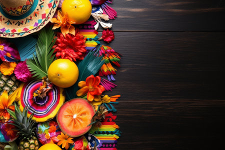 Colorful Festa Junina mockup with fruits, straw hats, palm leaves and flowers on black backgroundの素材