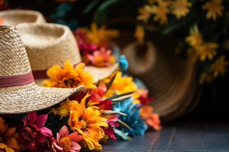 Festa Junina background with straw hats and blooming flowers in blurred backdropの素材