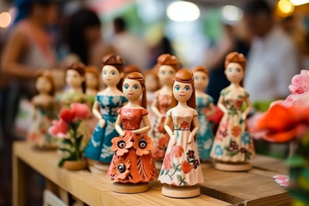 Handmade s?o jo?o wooden dolls in vibrant folk attire for festa junina, june party celebrationの素材