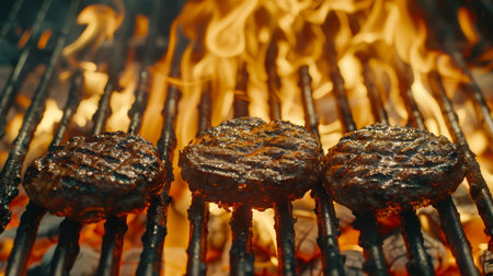 Top-down view of flaming grill with sizzling burger patties for bbq and cooking conceptsの素材