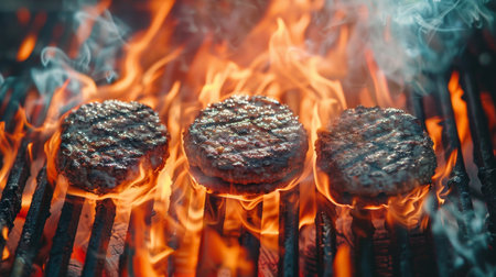 Top-down view of three burger patties sizzling on flaming grill - bbq summer conceptの素材