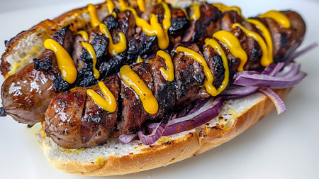 Sausage sandwich with mustard and onion slices isolated on a white background, viewed from the sideの素材
