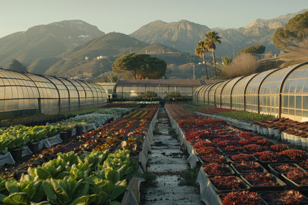 Idyllic salad plantation with greenhouses in the serene mountain landscape at sunriseの素材