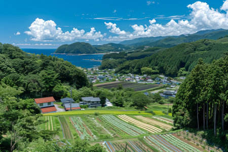 Aerial view of lush agricultural fields under clear blue sky in scenic rural landscapeの素材