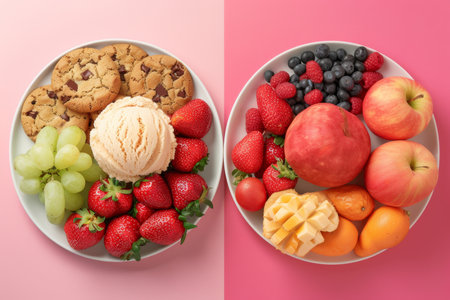 Indulge in the perfect balance of sweet and healthy with cookies, ice cream, strawberries, apples, raspberries, blueberries, and mango beautifully arranged on two plates.の素材