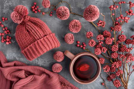 A cozy winter still life with a handmade red beanie, tea in a brown mug, and decorative winter plants on a gray stone background. Perfect for the holiday season, Christmas, or winter-themed projects.の素材