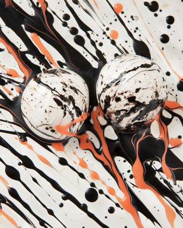 Two white and black balls with orange and black paint stripes on a white surface. This modern and creative image is versatile and suitable for design, advertising, and social media use.の素材