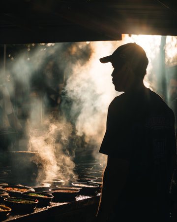 This image shows a man cooking over an open fire. The smoke from the fire is rising up in the air. The man is wearing a hat and a t-shirt. He is standing in front of a large grill.の素材