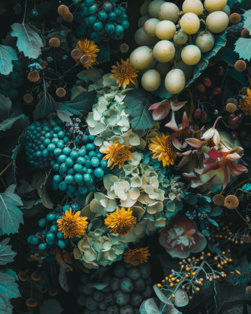 A stunning close-up of colorful hydrangeas, yellow blooms, and green foliage, beautifully arranged with fresh grapes. Ideal for creating a natural backdrop for various projects.の素材