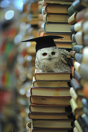 Beautiful white owl in graduation cap sitting on a pile of books in a library settingの素材