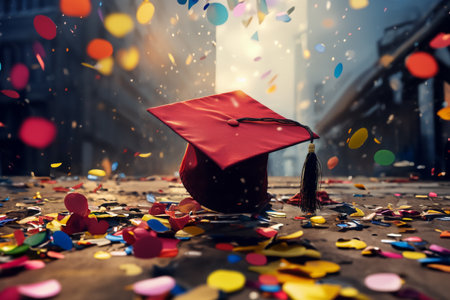 Graduation cap with confetti background - graduation day celebration concept for happy graduatesの素材