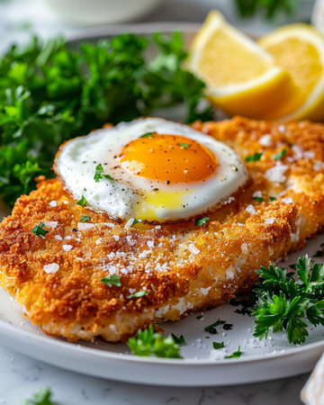 Delicious crispy parmesan panko chicken fried steak with a perfectly fried egg on topの素材