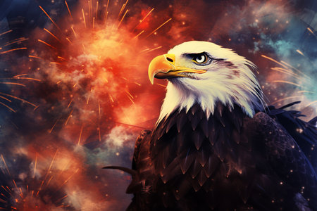 Bald eagle patriotic symbol on Independence Day with colorful fireworks display in the United Statesの素材
