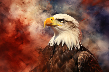 Bald eagle soaring amidst 4th of July fireworks celebrating Independence Day in USAの素材