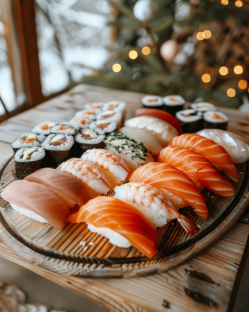Close-up nigiri sushi, cozy evening interior, traditional japanese food photographyの素材