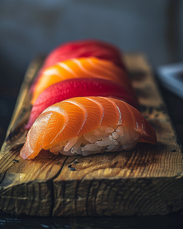Close-up shot of nigiri sushi in cozy evening interior - japanese food photographyの素材