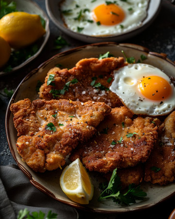 Homemade crispy parmesan panko chicken fried steak with fried egg recipe for a delicious mealの素材