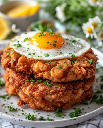 Homemade crispy parmesan panko chicken fried steak recipe with fried egg toppingの素材