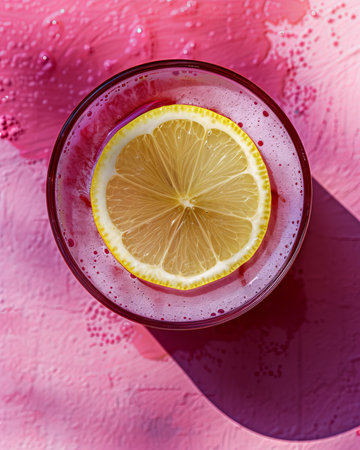 Bright pink lemonade flyer with colorful lemon flatlay on vibrant pink backgroundの素材