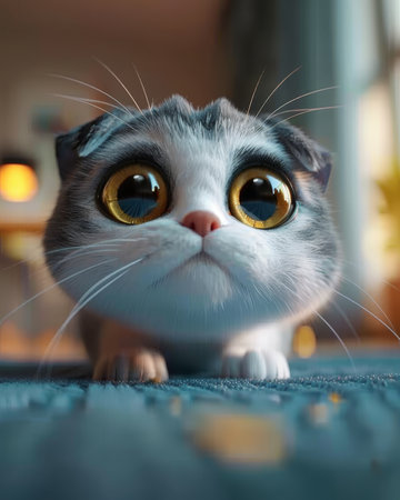 Brave scottish fold cat - 3d cartoon kitten with folded ears, white and gray furの素材