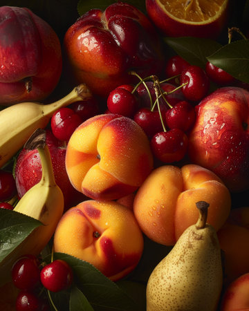 Close-up of peach, cherries, banana, pear, and orange with intense hues on dark backgroundの素材
