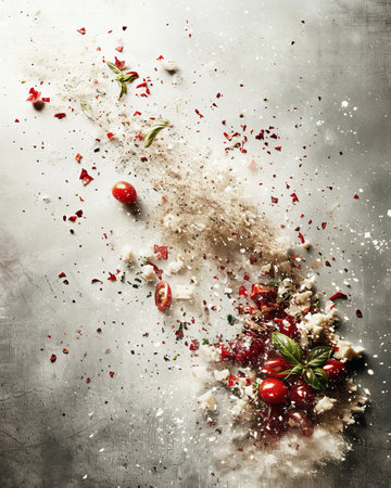 A vibrant burst of grape tomatoes, aromatic basil, flavorful garlic, and savory spices on a textured backdrop. Ideal for culinary sites, cookbooks, and dining establishments.の素材