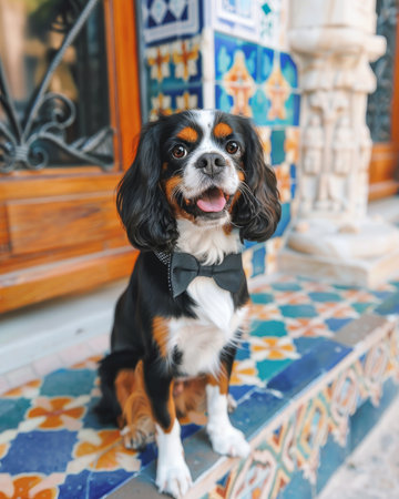 A charming Cavalier King Charles Spaniel dog with a fluffy black and tan coat and a stylish black bow tie sitting on a vibrant, patterned tiled floor in front of a door, exuding cuteness and elegance.の素材