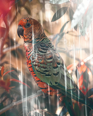 A bright-plumaged parrot is perched on a branch with a blurred background in vibrant red and orange hues. The parrot is looking to the left, and its feathers are ruffled.の素材