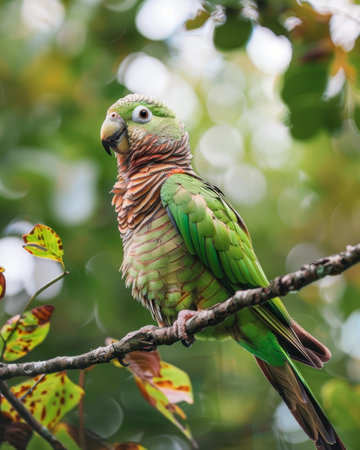 A bright green parrot with a red head and blue wing feathers is perched on a branch in a lush green rainforest. The parrot is looking off to the side with its beak slightly open.の素材