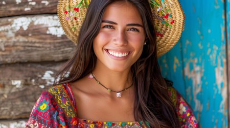 Brazilian woman in traditional outfit at Festa Junina with straw hat, vibrant backgroundの素材