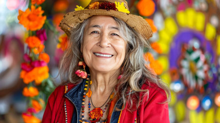 Brazilian elderly woman in traditional straw hat with flowers at Festa Junina, vibrant backgroundの素材