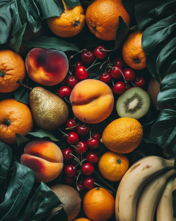Closeup of assorted fruits with intense colors and glossy texture on dark backgroundの素材