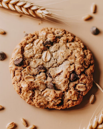 Macro oatmeal cookie with wheat grains and ear of wheat on brown background, sunlit close-up imageの素材
