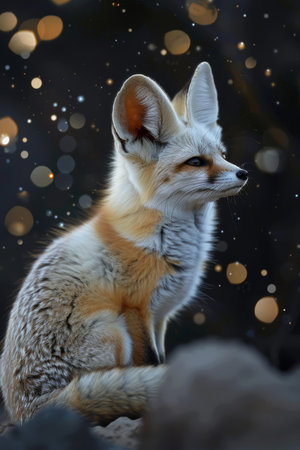 Beautiful fennec fox gazing at the stars, sitting serenely in the desert at nightの素材