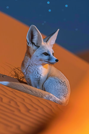 Beautiful fennec fox gazing at the stars, sitting serenely in the desert at nightの素材