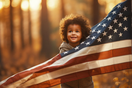 Happy cute multiracial child running through a picturesque area with USA flag backgroundの素材