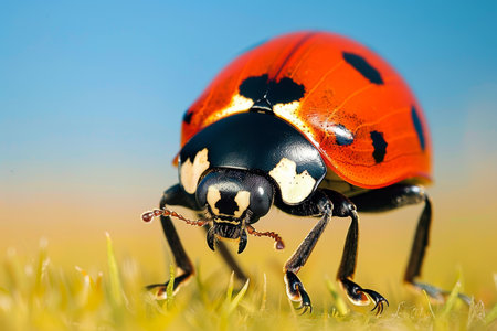 Macro photography of vibrant red ladybug with black spots on meadow background in midday sunlightの素材