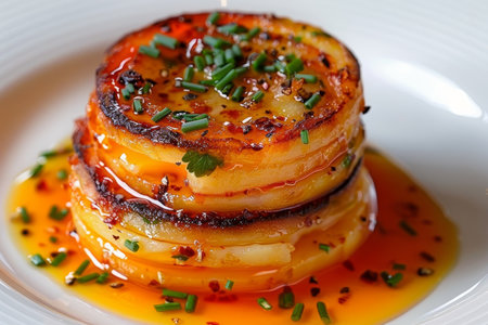 Creamy baked potato casserole with melted butter and chives in elegant white dishの素材