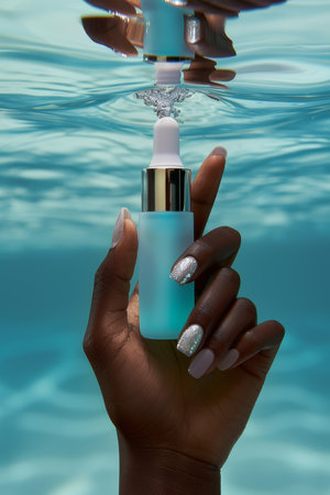 Skincare dropper bottle showcased in a well groomed hand with polished nails on water backdropの素材