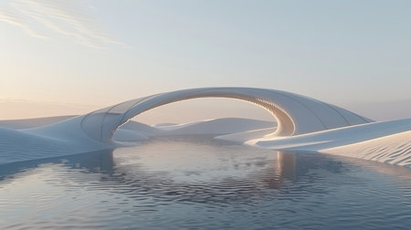 Elegant minimalist composition of an arch against serene sand dunes and horizon in white tonesの素材