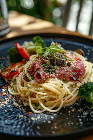 Plate of delicious spaghetti with bacon, tomato sauce, vegetables, and herbs on wooden tableの素材