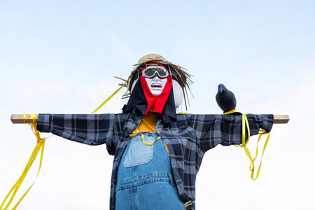 Scarecrow in plaid shirt and blue jeans, wearing straw hat with a friendly face. It has a triangle...