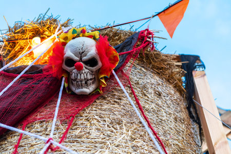 A scary clown face is on a hay bale with a red flag on top. The clown has a red nose, white face, and black eyes. The hay bale is wrapped in a red and white net. The background is a clear blue sky.の写真素材