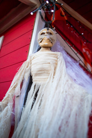 A whimsical Halloween skeleton decoration for your porch, adding a spooky touch to your home decor. Perfect for creating a festive atmosphere and capturing fun photos with loved ones.の写真素材