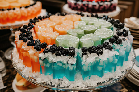 Colorful fruit ice with blackberry garnish. Festive drinks on iceの素材